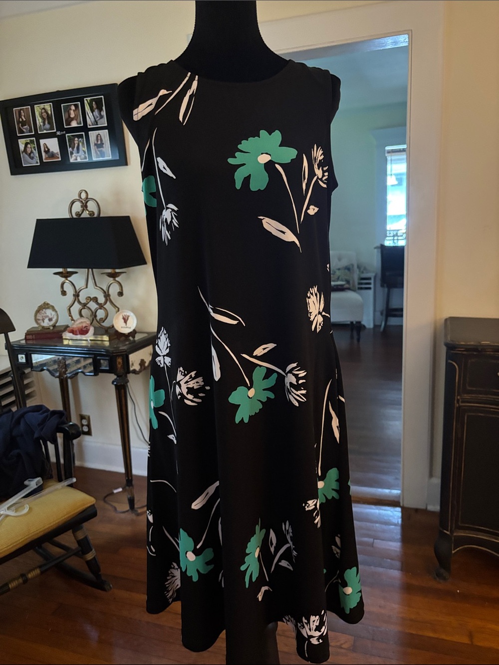 Susan Graver Black A-Line Dress with Green and White Floral Print